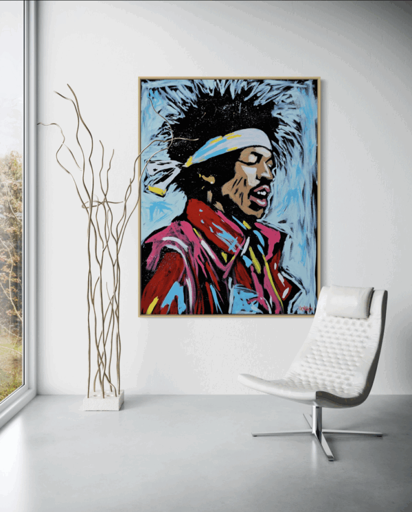 Hendrix x Henrix art print on canvas displayed in modern living room setting